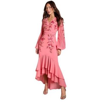 Coral High Low Maxi Dress with Sequin Embellishments and Embroidery, Size 10