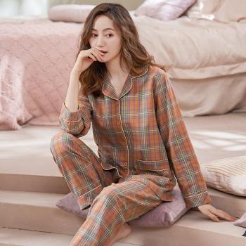 Lovers Woven Cotton Pajama Set - Plaid Long Sleeve Top and Pants Sleepwear