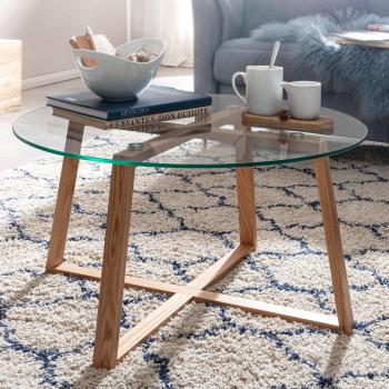 FINEBUY - Runde Couchtisch aus massivem Eichenholz und Glas