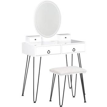 Dressing Table White and Black MDF 4 Drawers LED Mirror Stool