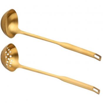 Gold Metal Soup Ladle Colander Set - Long Handle Stainless Steel Kitchen Utensils (2 Pieces)