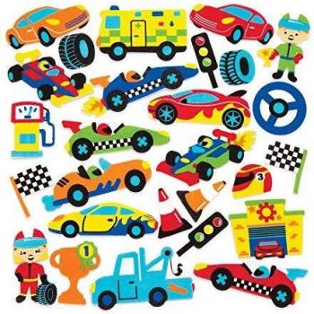 Racing Car Foam Stickers - 120 Pack, 30 Designs, Peel & Stick