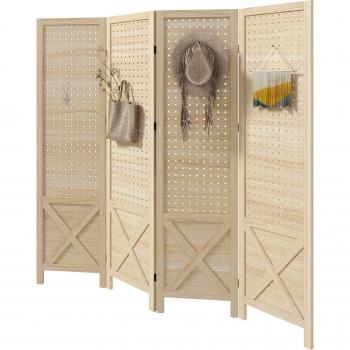Paravent in legno naturale 4 pannelli pieghevole separatore di ambienti con pannello perforato 152 x 144,5 cm