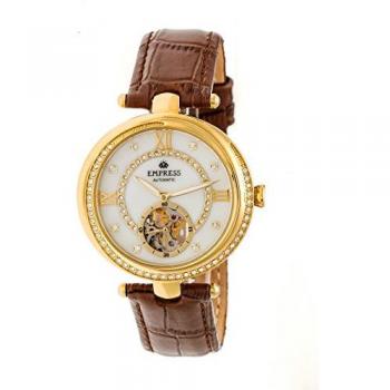 Empress Stella Women's Automatic Semi-Skeleton Mother of Pearl Leather Watch
