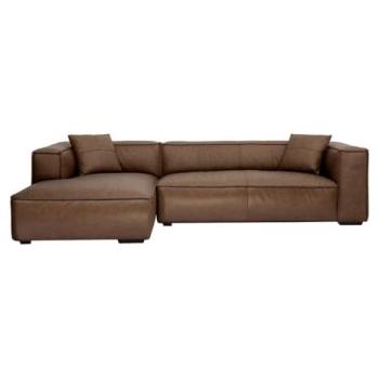 Canapé d'angle gauche vintage 4-5 places en cuir marron et bois noir Cobain