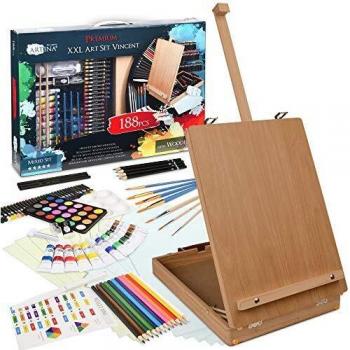 Artina Kit de Peinture XXL avec 188 pièces Vincent – Coffret chevalet Set avec peintures acryliques, Craie à l’Huile, peintures aquarelles, Set de pinceaux et Plus – pour Les Peintres Amateurs