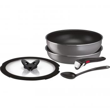 Ensemble de casseroles et poêles Tefal avec poignées amovibles, compatible avec feux à gaz, incluant une cuillère pratique pour la friture, sans substances nocives