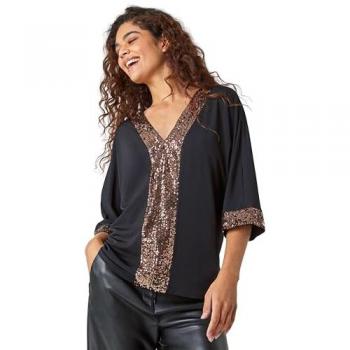 Black Sequin Detail Keyhole Stretch Top for Women - Size 10 UK