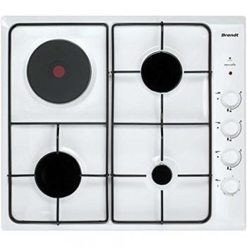 Brandt BPE6411WM - Table de Cuisson Mixte Gaz et Électrique 58cm, 4 Feux, Couleur Blanc
