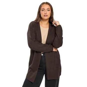 Yours Women's Plus Size Pointelle Chunky Knitted Cardigan Sweater in Chocolate