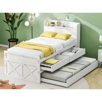 Cama nido de madera maciza blanca - 90x190cm - con 2 cajones y puerto de carga USB en el estante