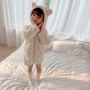 Spring Kids Long Sleeve Loose Thick Velvet Nightgown Robe Dress for Children E413