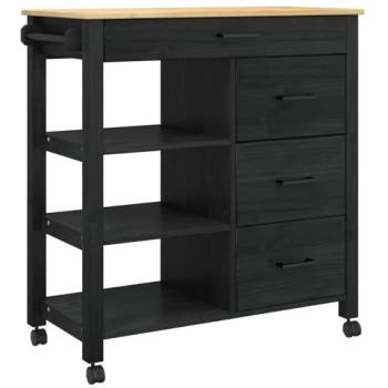 MONZA Black Kitchen Trolley - 84 x 40 x 88.5 cm Solid Pine Wood, Modern Design, Movable Storage Cart