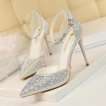 BIGTREE Shiny Diamond High Heeled Sandals for Girls with Thin Heel and Pointed Design