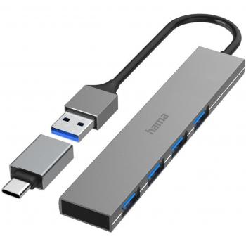 Hama USB Hub 4 Ports (USB-A and USB-C connection, 4x USB-A for mouse, keyboard, external hard drive, USB stick, etc., aluminum housing, ultra-slim)