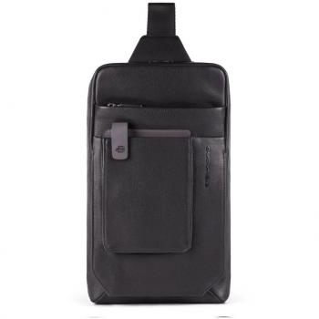 Bolso Piquadro Tallin de Cuero Mono Sling para Hombre, Diseño Deportivo, Correa Personalizable, Compartimento Acolchado para Tableta, Color Negro, 20 x 33 x 5 cm