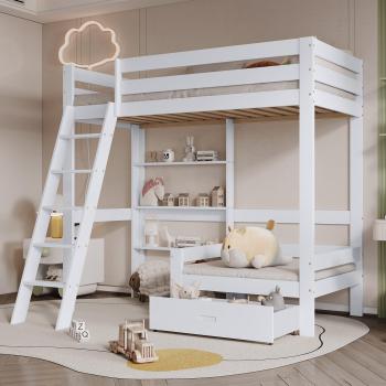 Cama alta moderna con sofá + estante + escalera - estructura de pino - 90x200cm - blanca