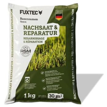 Semences de gazon FUXTEC FX-RSNR1 – Sursemis et réparation 1kg pour 30m² – Germination rapide – Mélange robuste soleil & mi-ombre – Made in Germany