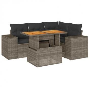 5-Piece Grey Poly Rattan Garden Sofa Set with Cushions
