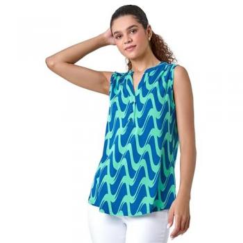 Turquoise Wave Print Sleeveless Button Top for Women - Size 12 UK