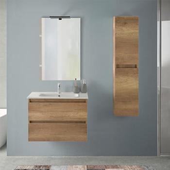 Mobile bagno sospeso 70 cm rovere naturale con pensile H 125 cm e lavabo specchiera reversibile Nadia