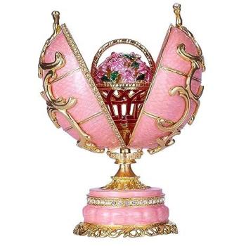 Fabergé-inspirerat ägg Speldosa Smyckeskrin med Vårblommor och Korg 16,5 cm Rosa