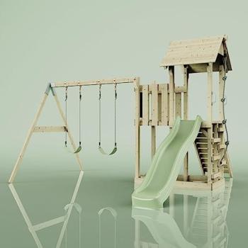 PolarPlay Natural Sage Wooden Climbing Frame with Swing for Kids - Balcony Tower Edition
