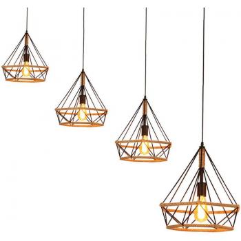 Vintage Industrial Hemp Rope Pendant Light with Diamond Cage Design, E27 Base, Ø25cm - 4PCS