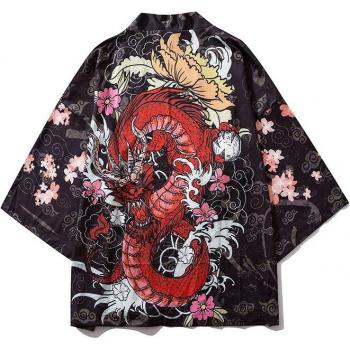Harajuku Dragon Cherry Blossom Print Kimono Cardigan Streetwear Jacket