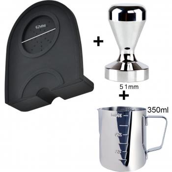 Silicone Coffee Tamper Mat with Stainless Steel Handle and Aluminum Milk Jug