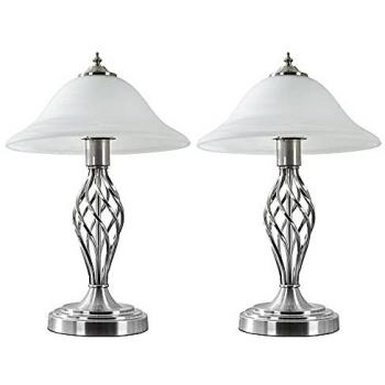 Barley Twist Satin Nickel Table Lamps with Frosted Alabaster Shades - Brushed Chrome Finish - No Bulb Included