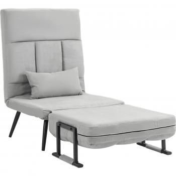 Sillón convertible 3 en 1 con cama individual, respaldo reclinable en 5 posiciones, apoyabrazos y cojín, tela efecto terciopelo gris