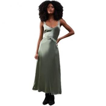 Olive Satin Midi Dress with Lace Panels for Women - Size 14 UK