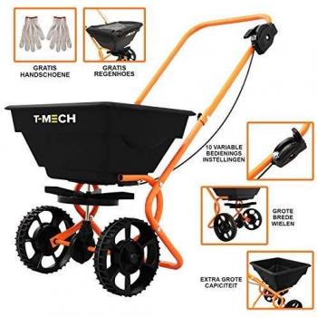T-Mech Epandeur Rotatif à Pousser Gazon 25KG Pelouse Contrôle Débit Housse Imperméable Paire de Gants Engrais