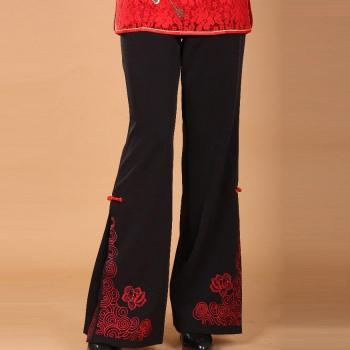 Black Traditional Chinese Women's Embroidered Flare Pants Plus Size S-4XL