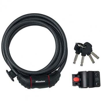 Masterlock Key High Security 7 Disc Cylinder Braided Steel Cable Lock and Carrier Bracket - Black, 1800 mm