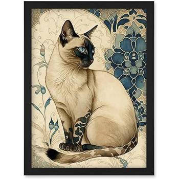 Siamese Cat Watercolour Art Print with Blue Floral Design - Framed A4 Modern Art Nouveau Decor