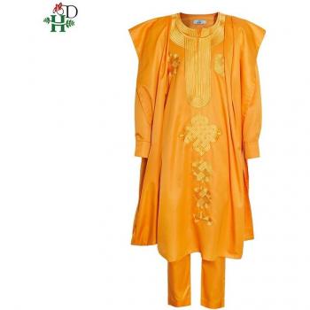 H&D 2022 African Men's Agbada Kaftan 3-Piece Set - Long Sleeve Shirt, Ankara Pants, Boubou Suit