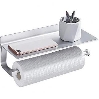 Hoomtaook Kitchen Roll Holder with Shelf Nail Free, Space Aluminum Tissue Paper Roll Holder Paper Towel Holders Wall Mount No Damage Rustproof Kitchen Polished Finished Silver