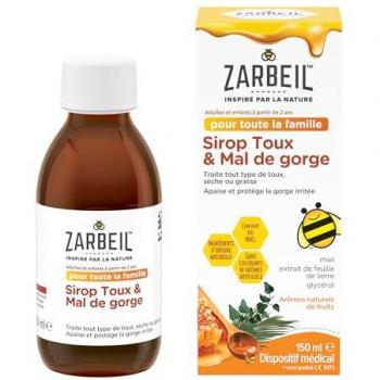 Zarbeil Sirop Toux & Mal de Gorge Flacon 150 ml – Sirop contre la toux avec miel, extrait de feuille de lierre et glycérol – Dispositif médical pour toute la famille, à partir de