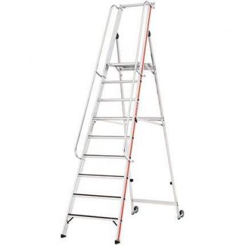 Échelle plateforme R13 avec rouleaux pivotants et long main courante, 9 marches, hauteur de travail max 4,11 m