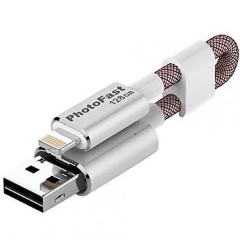 PhotoFast Memories Backup Cable with 128GB Data Transfer Memory Card, USB 3.0 and Lightning Cables for iPhone, Smartphones, Mac & PC - Silver/Red