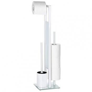 WENKO Stand WC-Garnitur Rivalta, mit integriertem Toilettenpapierhalter und WC-Bürstenhalter, lackierter Stahl, 23 x 70 x 18 cm, Weiß matt