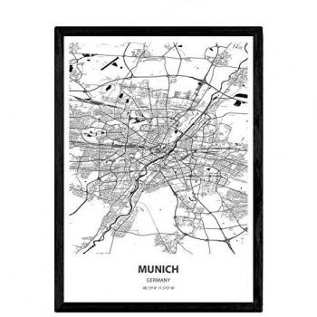 Póster Mapa de Múnich - Alemania en Color Negro con Mares y Ríos, Tamaño A3 sin Marco