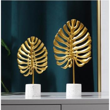 Golden Monstera Leaf Iron TV Cabinet Decor with Marble Base