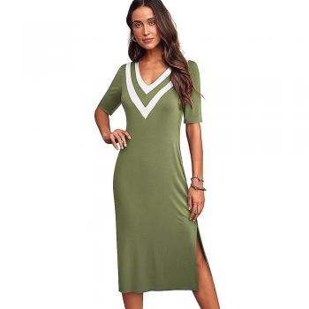 Nizza-Forever Sommer Kleid Damen Knielang Kontrastfarbe Patchwork Bequem Gerade A229