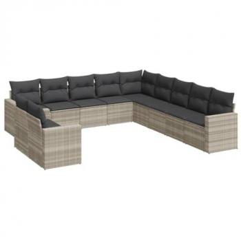 vidaXL 11-tlg. Garten-Sofagarnitur mit Kissen Hellgrau Poly Rattan