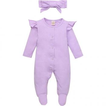 Solid Color Long Sleeve Baby Girl Jumpsuit with Round Collar and Front Button Opening - Wine Red/Pink/Purple