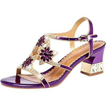Sandales d'été femme à talons carrés épais en cristaux et paillettes fleuries Bling # JES