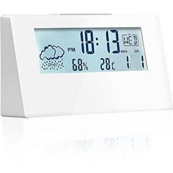 Alarm Clock Bedside with Snooze Portable Digital Battery Powered LCD Display,Calendar Temperature Humidity Detection,Bedroom Office Travel(White)